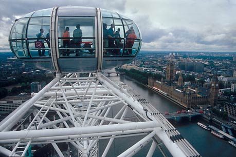 London eye caspsule and view of Westminster